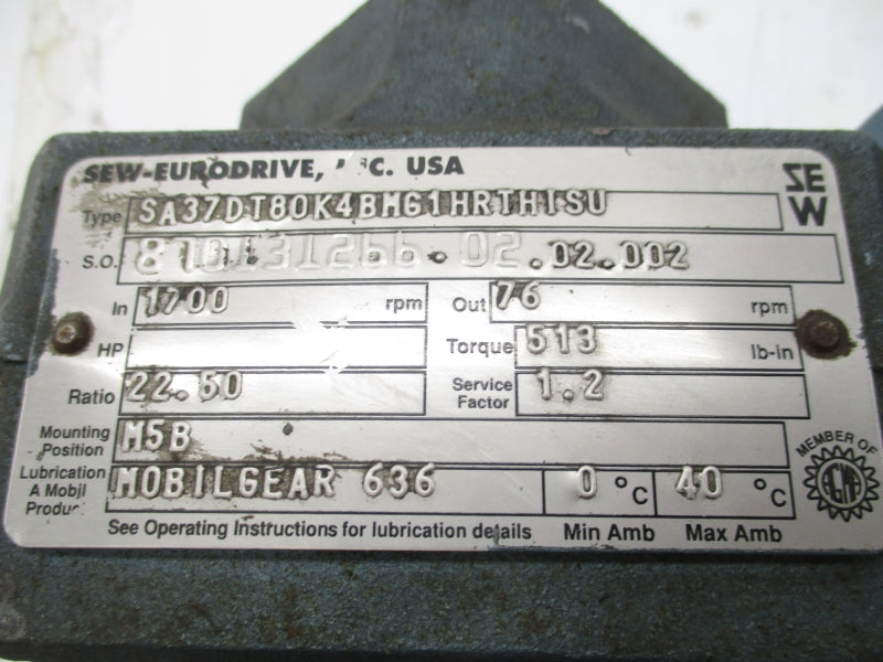 SEW-EURODRIVE SA37DT80K4BMG1HRTHISU DFT80K4BMG1HRTHISU 230/460V 2.90/1.45A UNMP