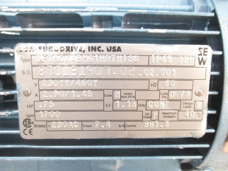 SEW-EURODRIVE SAZ47DT80K4BMG1HRTHISU DFT80K4BMG1HRTHISU 230/460V 2.90/1.45A UNMP