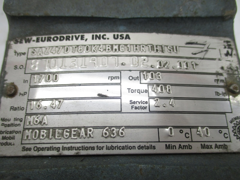 SEW-EURODRIVE SAZ47DT80K4BMG1HRTHISU DFT80K4BMG1HRTHISU 230/460V 2.90/1.45A UNMP