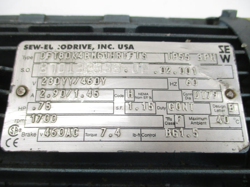 SEW-EURODRIVE SF67DT80K4BMG1HRTFIS DFT80K4BMG1HRTFIS 230/460V 2.90/1.45A UNMP
