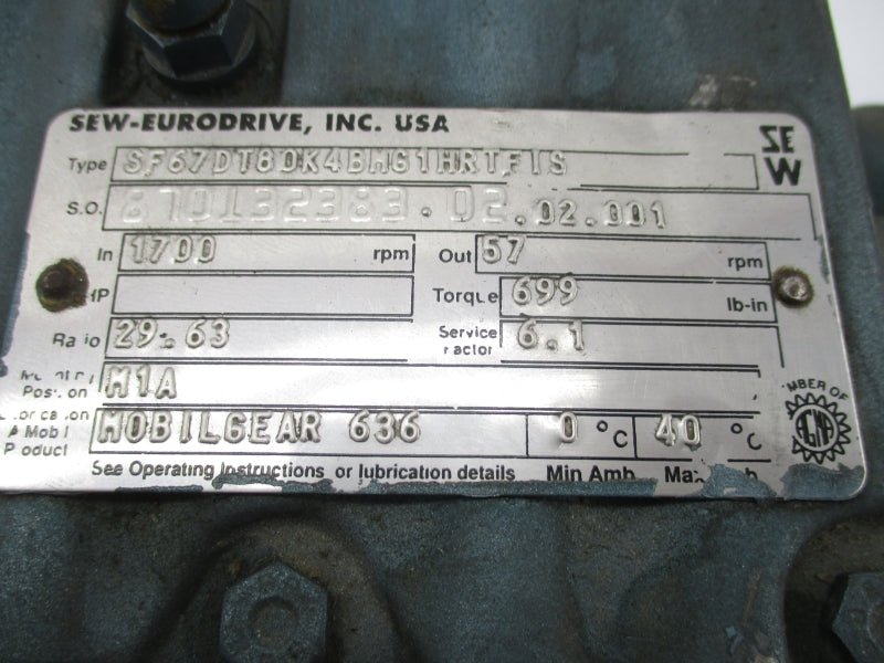SEW-EURODRIVE SF67DT80K4BMG1HRTFIS DFT80K4BMG1HRTFIS 230/460V 2.90/1.45A UNMP