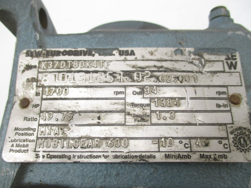 SEW-EURODRIVE K37DT80K4TF DFT80K4TF 230/460V 2.90/1.45A UNMP