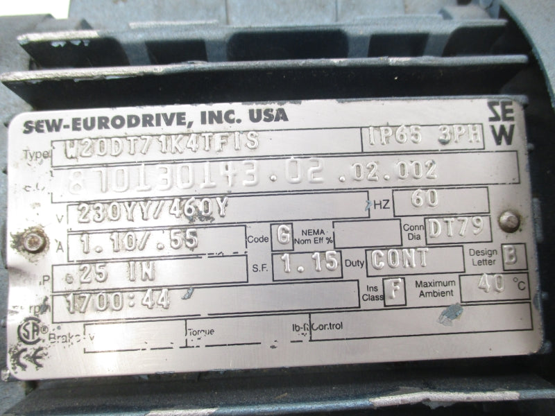 SEW-EURODRIVE W20DT71K4TFIS 230/460V 1.10/.55A UNMP