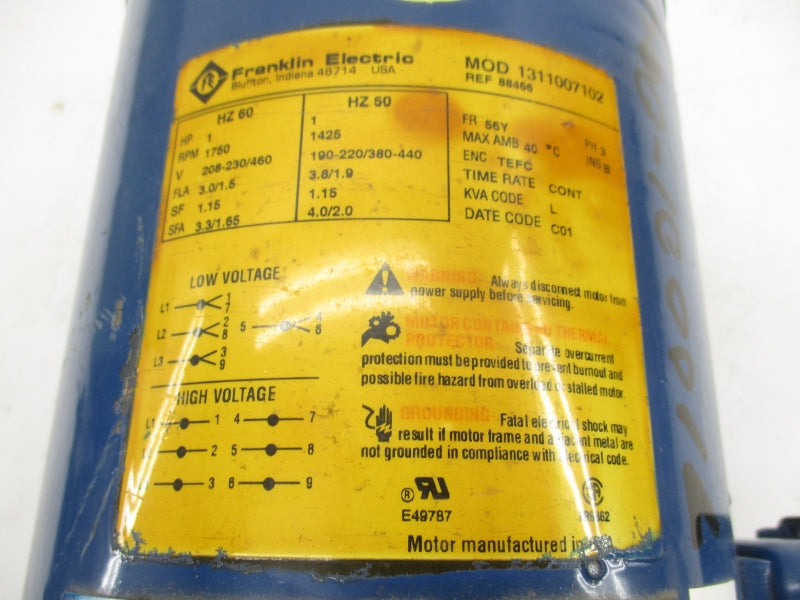 FRANKLIN ELECTRIC 1311007102 208-230/460V 4.0/2.0A UNMP