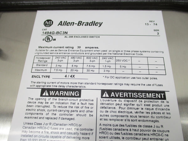 ALLEN BRADLEY 1494G-BC3N SER. 2 600VAC 30A NSNP