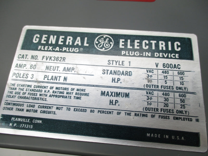 GENERAL ELECTRIC FVK362R STYLE 1 600VAC 60A NSNP