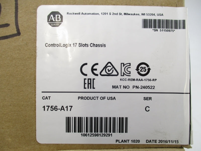 ALLEN BRADLEY 1756-A17 SER. C DATE: 2016 NSFS