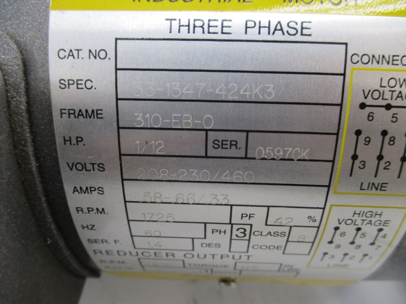 BALDOR 33-1347-424K3 208-230/460V .56-.66/.33A NSNP