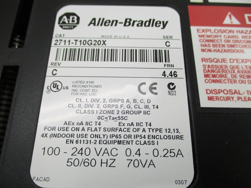 ALLEN BRADLEY 2711-T10G20X SER. C F/W 4.46 100-240V .4-.25A UNMP