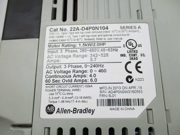 ALLEN BRADLEY 22A-D4P0N104 SER. A F/W 6.01 342-528V 4.0A NSMP