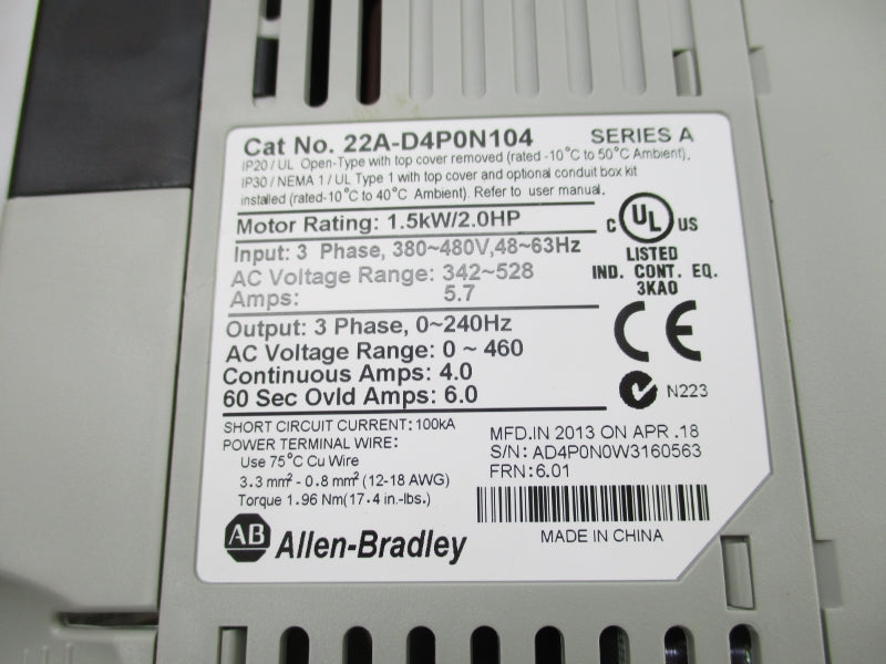 ALLEN BRADLEY 22A-D4P0N104 SER. A F/W 6.01 342-528V 4.0A NSMP
