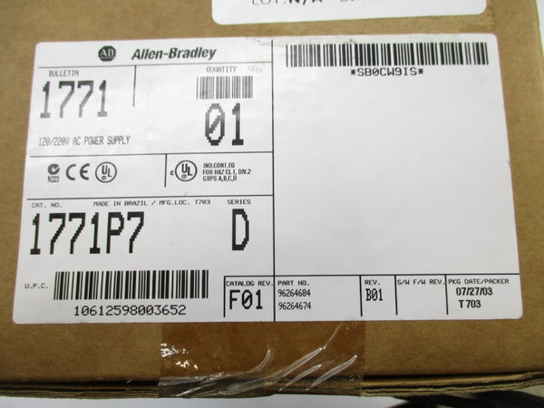 ALLEN BRADLEY 1771-P7 SER. D 120/220VAC DATE: 2003 NSFS