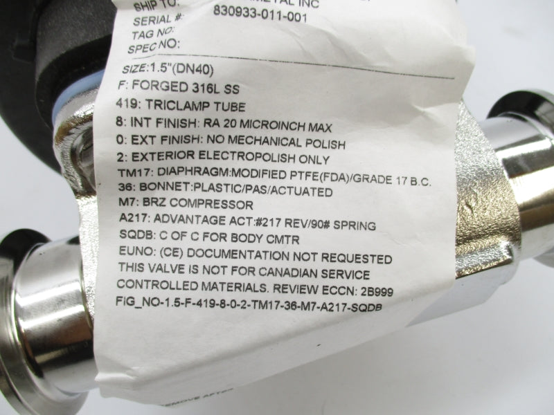 ITT 1.5-F-419-8-0-2-TM17-36-M7-A217-SQDB 1.5" 90PSI NSMP