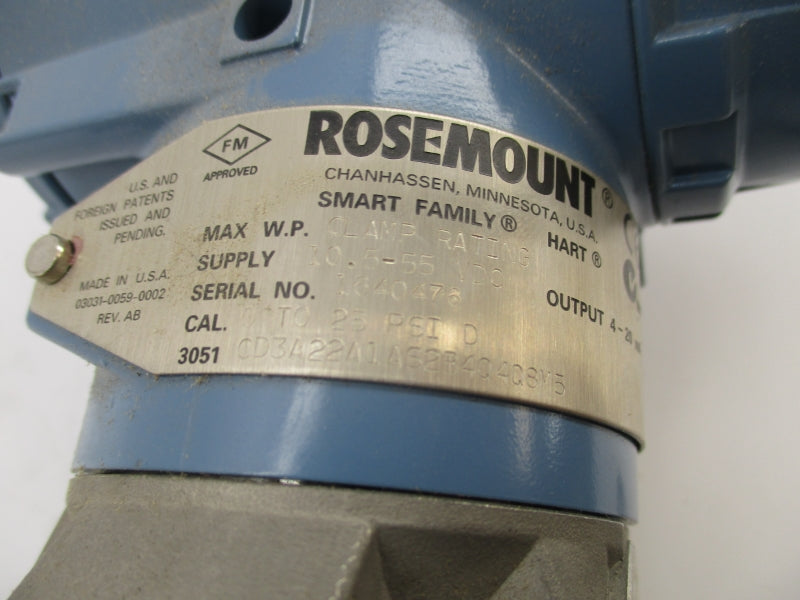 ROSEMOUNT 3051CD3A22A1AS2B4Q4Q8M5 10.5-55VDC 25PSI NSMP