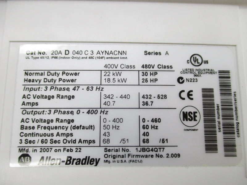ALLEN BRADLEY 20AD040C3AYNACNN SER. A 480V 43A F/W 2.009 NSMP