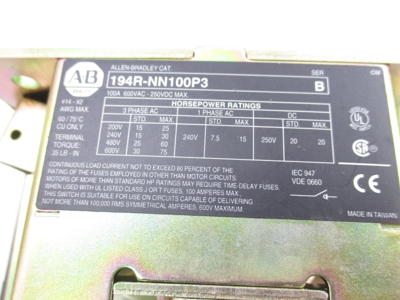 ALLEN BRADLEY 194R-NN100P3 SER. B 600VAC 100A (BR/YL) NSMP