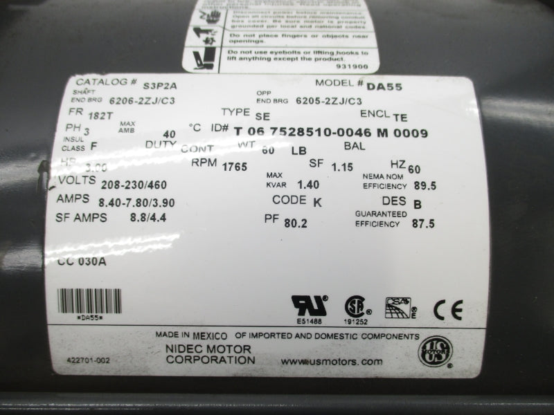 US MOTORS S3P2A DA55 208-230/460V 8.40-7.80/3.90A NSMP
