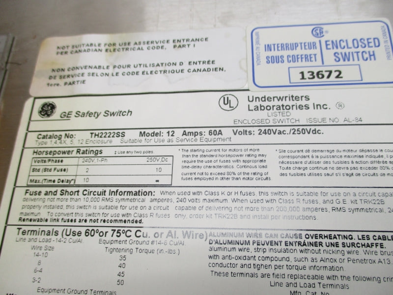 GENERAL ELECTRIC TH2222SS 240V 60A NSMP