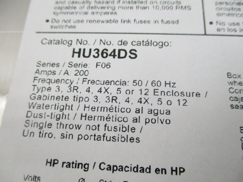SQUARE D HU364DS SER. F06 200A NSNP