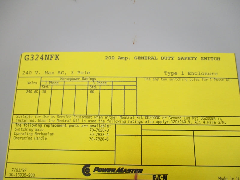 EATON G324NFK 240V 200A NSNP