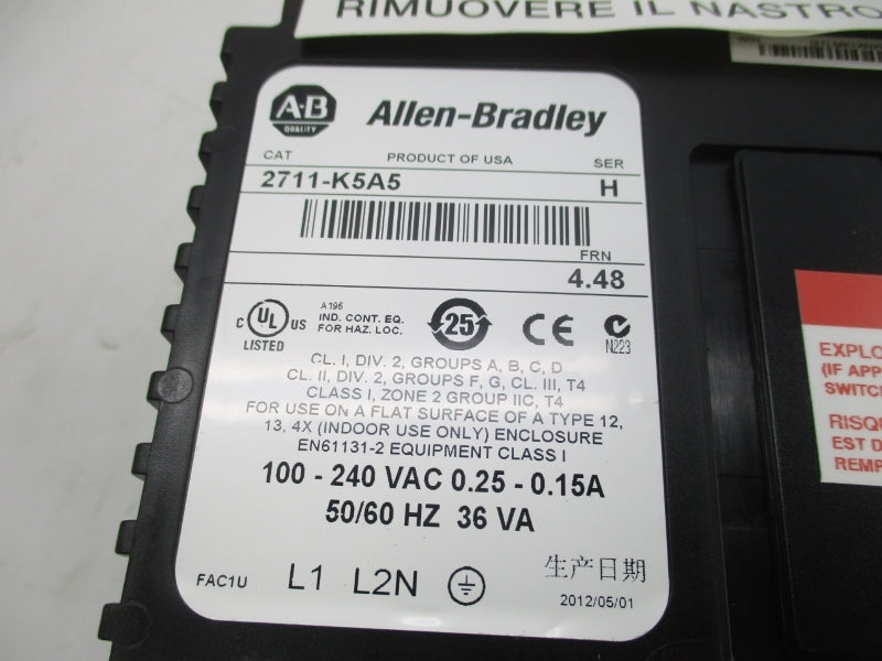 ALLEN BRADLEY 2711-K5A5 SER. H F/W 4.48 100-240V 0.25-0.25A NSMP