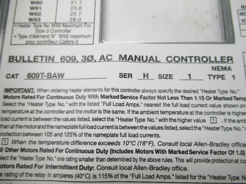 ALLEN BRADLEY 609T-BAW SER. H NSMP