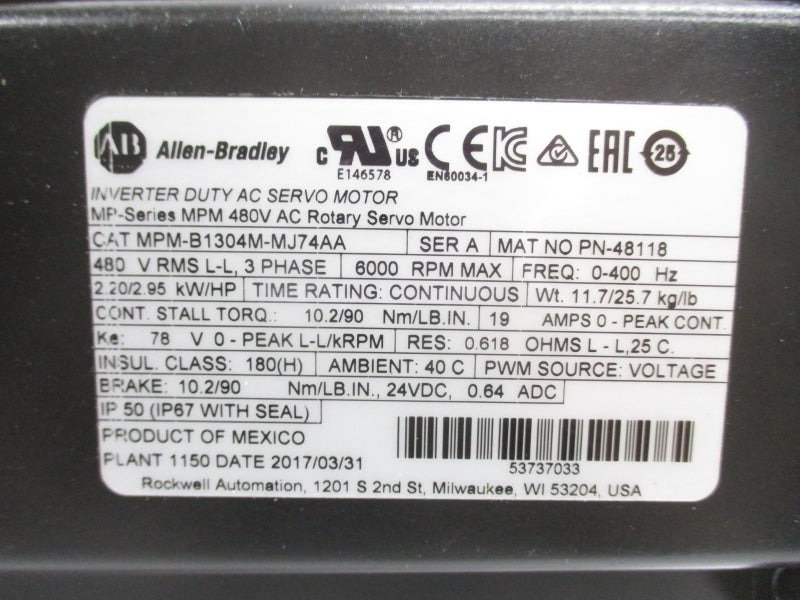 ALLEN BRADLEY MPM-B1304M-MJ74AA SER. A 480V 19A NSMP