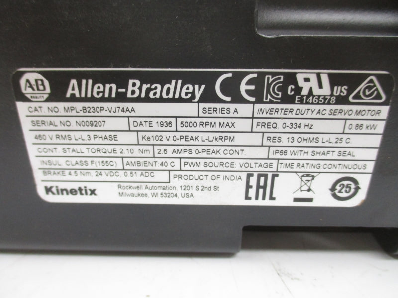 ALLEN BRADLEY MPL-B230P-VJ74AA SER. A 460V 2.6A NSMP