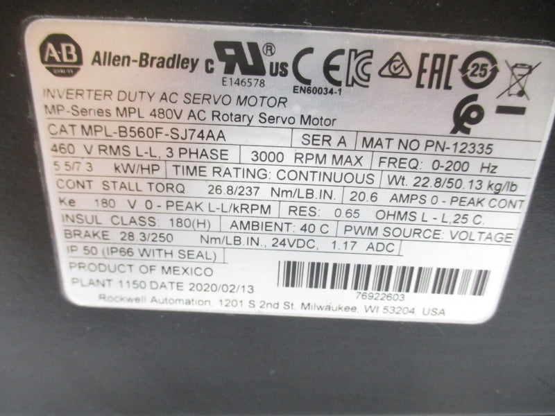 ALLEN BRADLEY MPL-B560F-SJ74AA SER. A 480V 20.6A NSMP