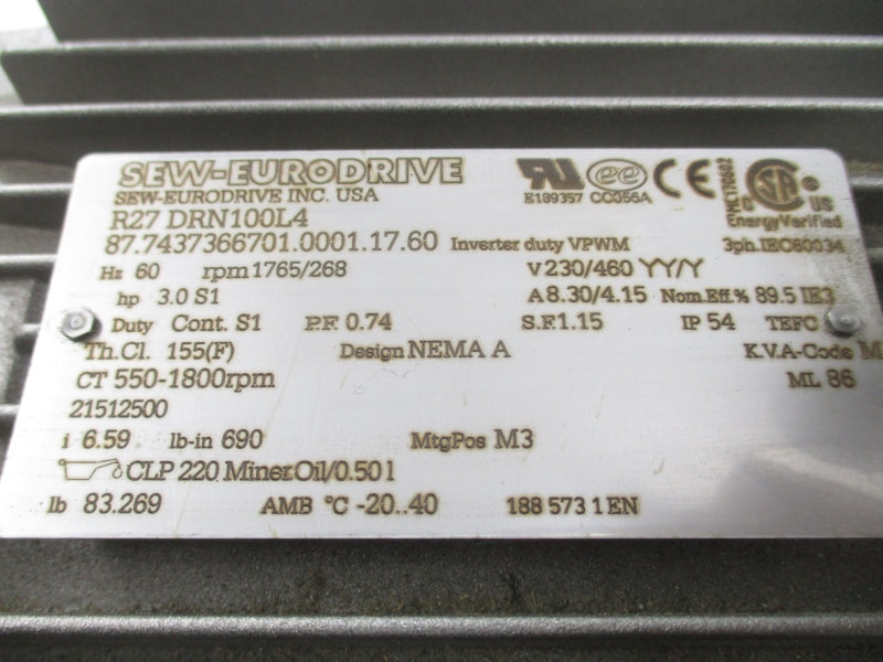 SEW-EURODRIVE R27DRN100L4 230/460V 8.30/4.15A NSNP