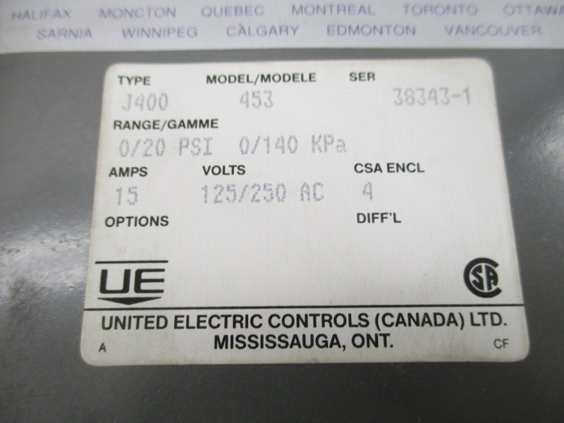 UNITED ELECTRIC J400453 125/250VAC 15A 0/20PSI NSMP