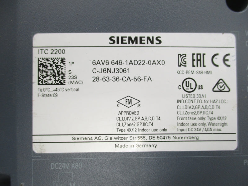 SIEMENS 6AV6646-1AD22-0AX0 24VDC 4.0A (AS PICTURED) NSNP