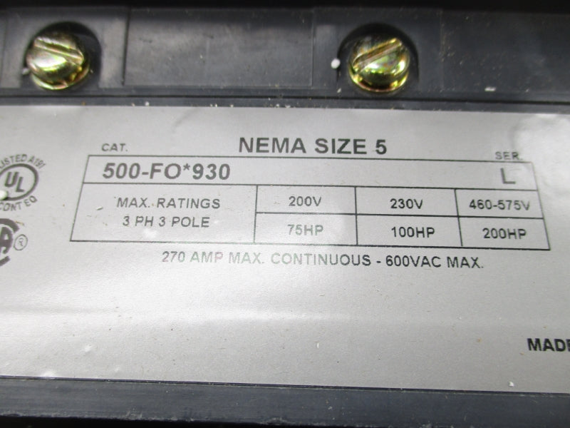 ALLEN BRADLEY 500FOD930 SER. L 110/115-120V 270A (BR/WH) NSMP