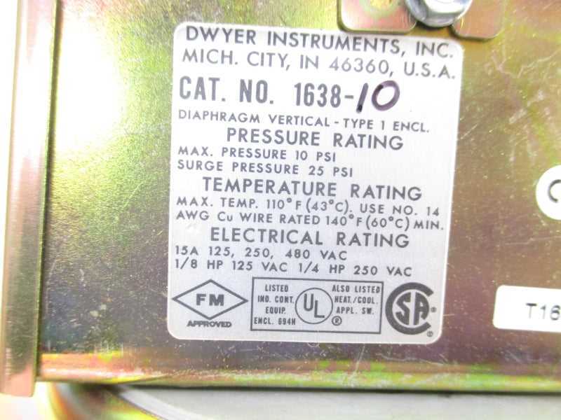 DWYER INSTRUMENTS 1638-10 480VAC 15A 10PSI 110'F UNMP
