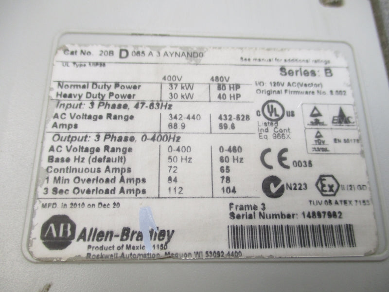 ALLEN BRADLEY 20BD065A3AYNAND0 SER. B F/W 8.002 432-528VAC 59.6A UNMP