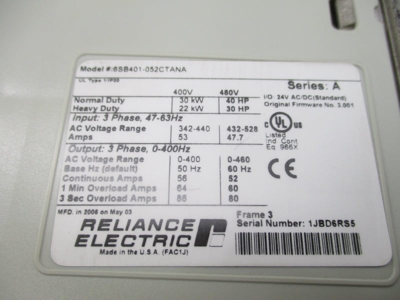 RELIANCE ELECTRIC 6SB401-052CTANA SER. A 432-528VAC 47.7A F/W 3.001 UNMP