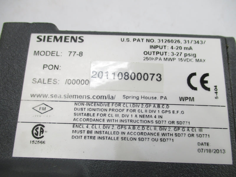 SIEMENS 77-8 15VDC 3-27PSI NSMP