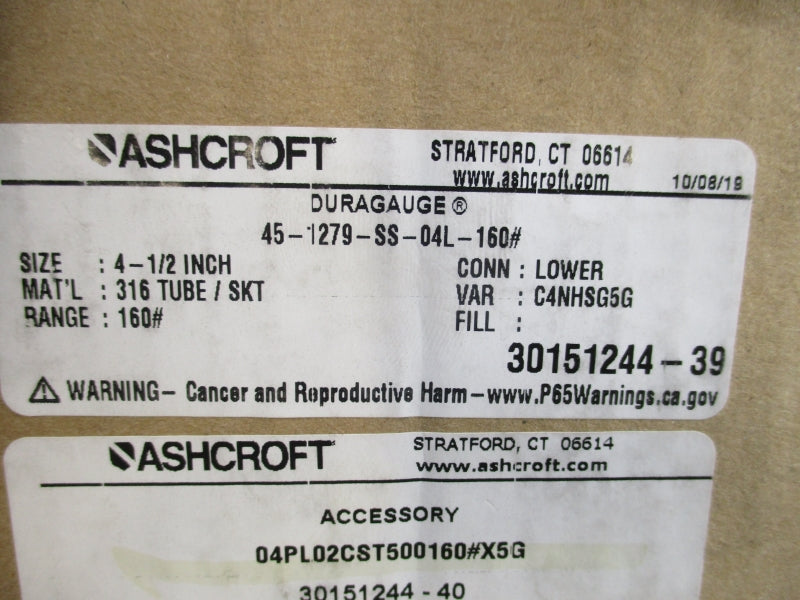 ASHCROFT 45-1279-SS-04L-160# 04PL02CST500160#X5G 0-160PSI 4-1/2" NSMP