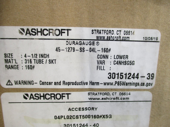 ASHCROFT 45-1279-SS-04L-160# 04PL02CST500160#X5G 0-160PSI 4-1/2" NSMP