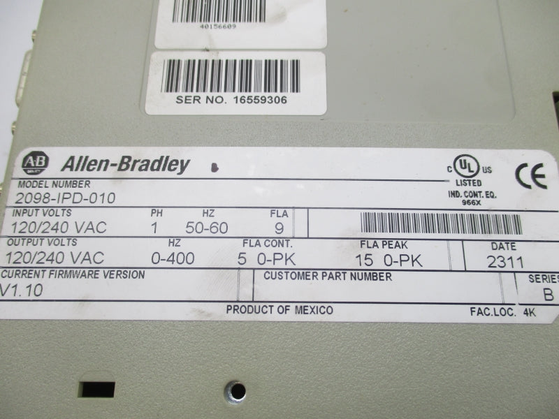 ALLEN BRADLEY 2098-IPD-010 SER. B F/W V1.10 120/240VAC 15A NUPI