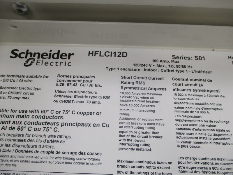 SCHNEIDER ELECTRIC HFLCI12D(FRONT PANEL) SER. S01 120/240V 100A NSNP
