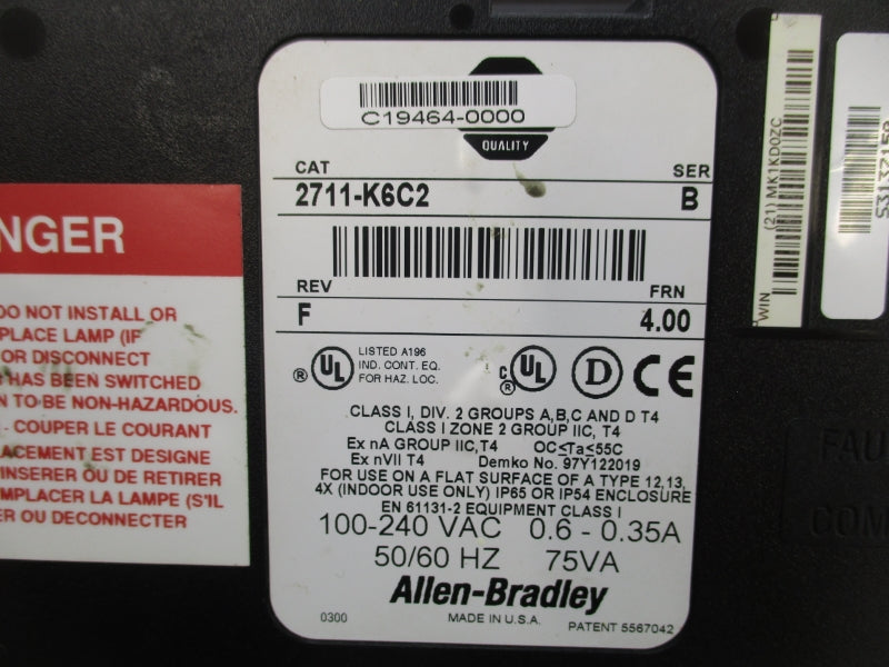ALLEN BRADLEY 2711-K6C2 SER. B F/W 4.00 100-240VAC 0.6-0.35A UNMP