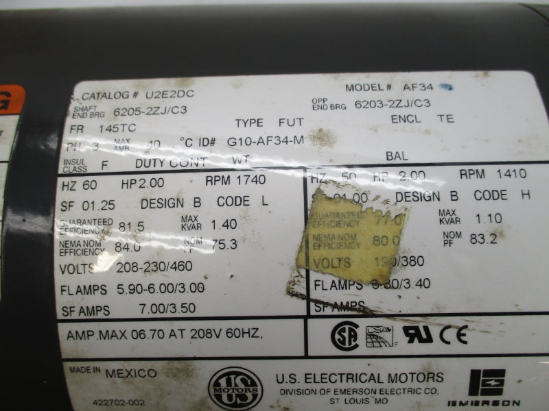 US MOTORS U2E2DC AF34 208-230/460V 5.90-6.00/3.00A NSMP