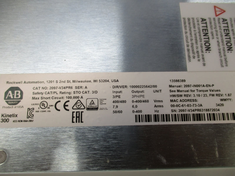 ALLEN BRADLEY 2097-V34PR6 SER. A F/W 1.87 400/480V 7.9A NSMP