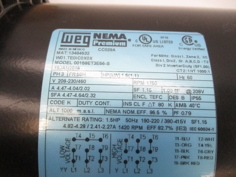 WEG 00158ET3E56-S 13484632 208-230/460V 4.47-4.04/2.02A NSMP