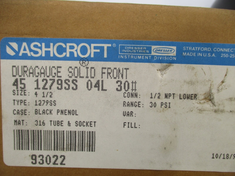 ASHCROFT 451279SS04L30# 0-30PSI 4-1/2" NSMP