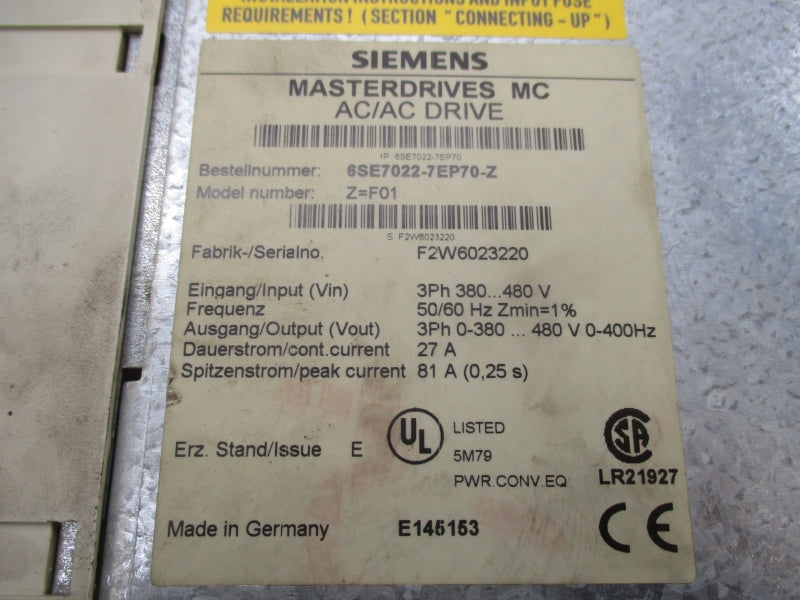 SIEMENS 6SE7022-7EP70-Z Z=F01 380-480V 27A UNMP