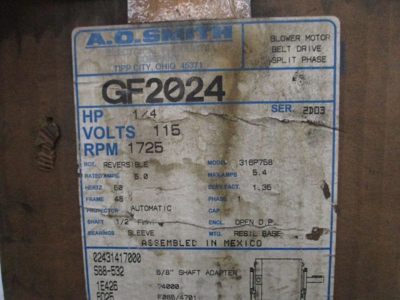 A.O. SMITH GF2024 316P758 SER. 2D03 115V 5.0A NSMP