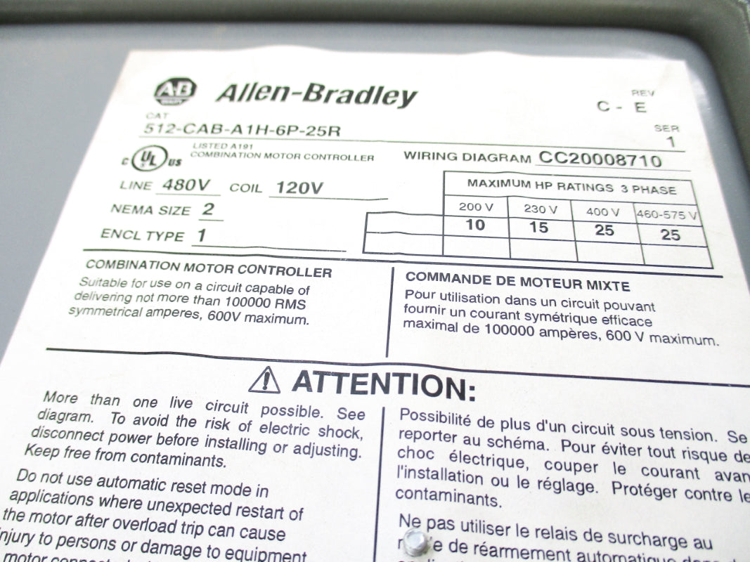 ALLEN BRADLEY 512-CAB-A1H-6P-25R SER. 1 120V UNMP