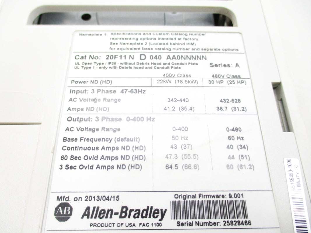 ALLEN BRADLEY 20F11ND040AA0NNNNN SER. A F/W 9.001 NSNP